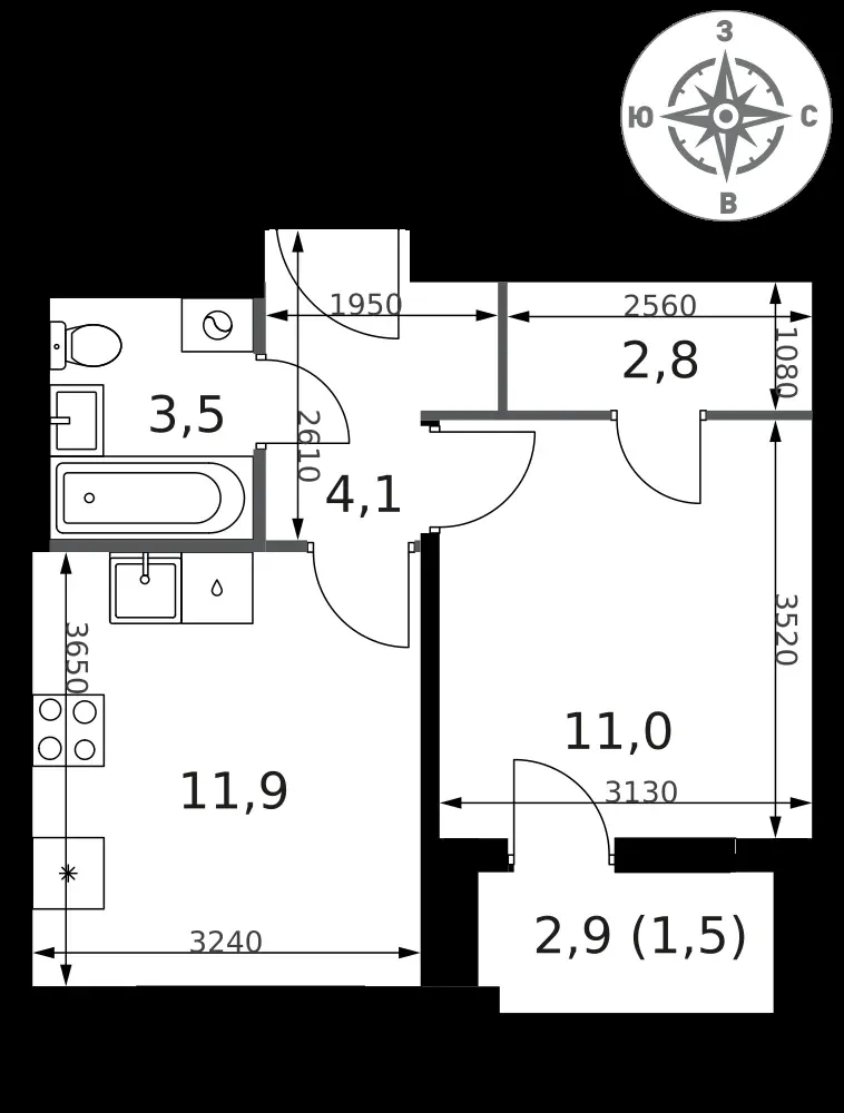 1-комнатная, 34,8 м² — 14 762 578 ₽