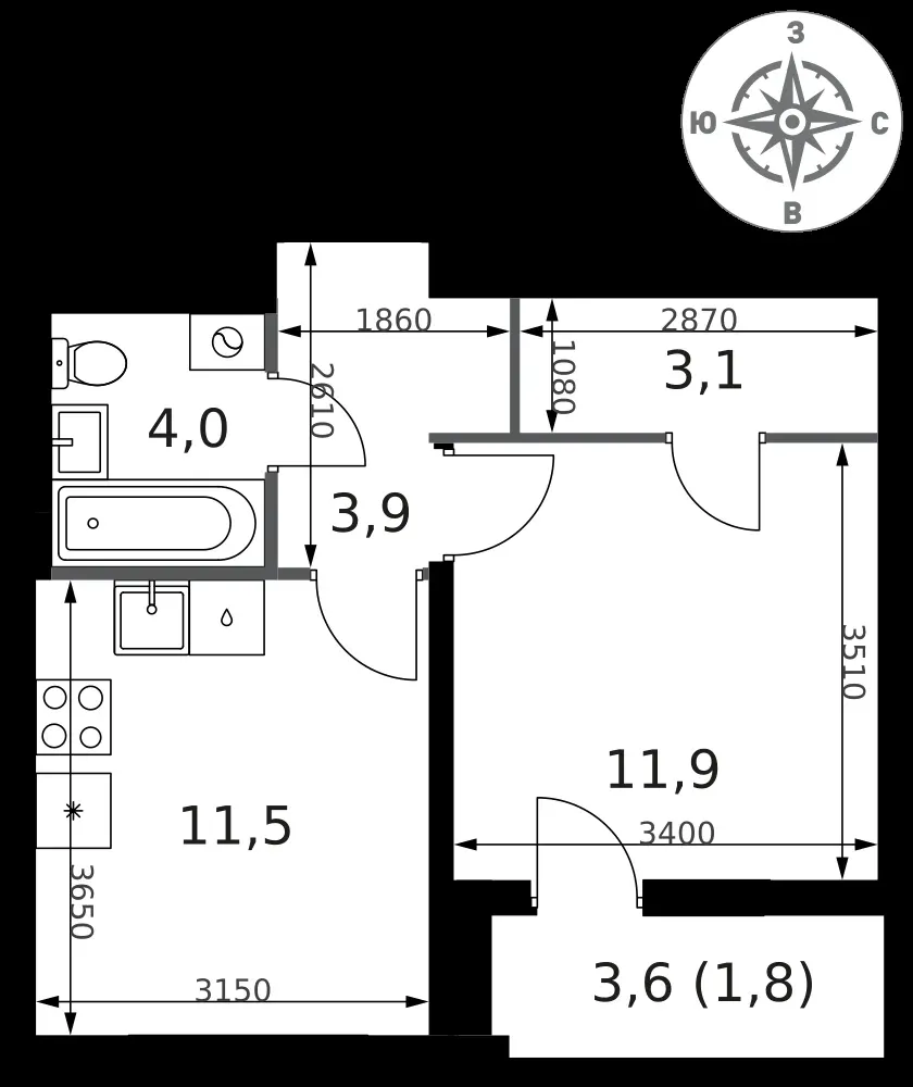 1-комнатная, 36,2 м² — 14 669 797 ₽