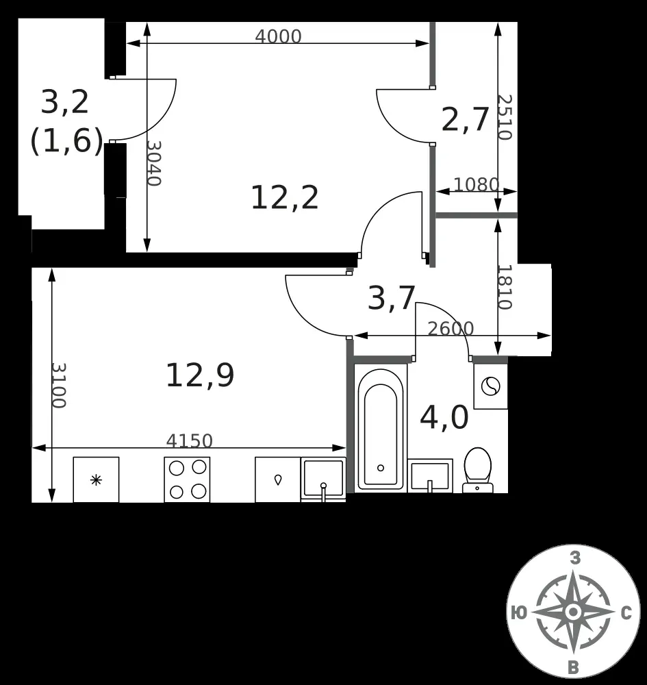 1-комнатная, 37,1 м² — 14 734 005 ₽