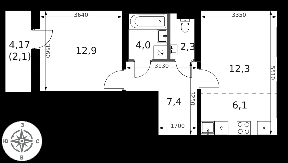 2-комнатная, 47,1 м² — 18 124 268 ₽