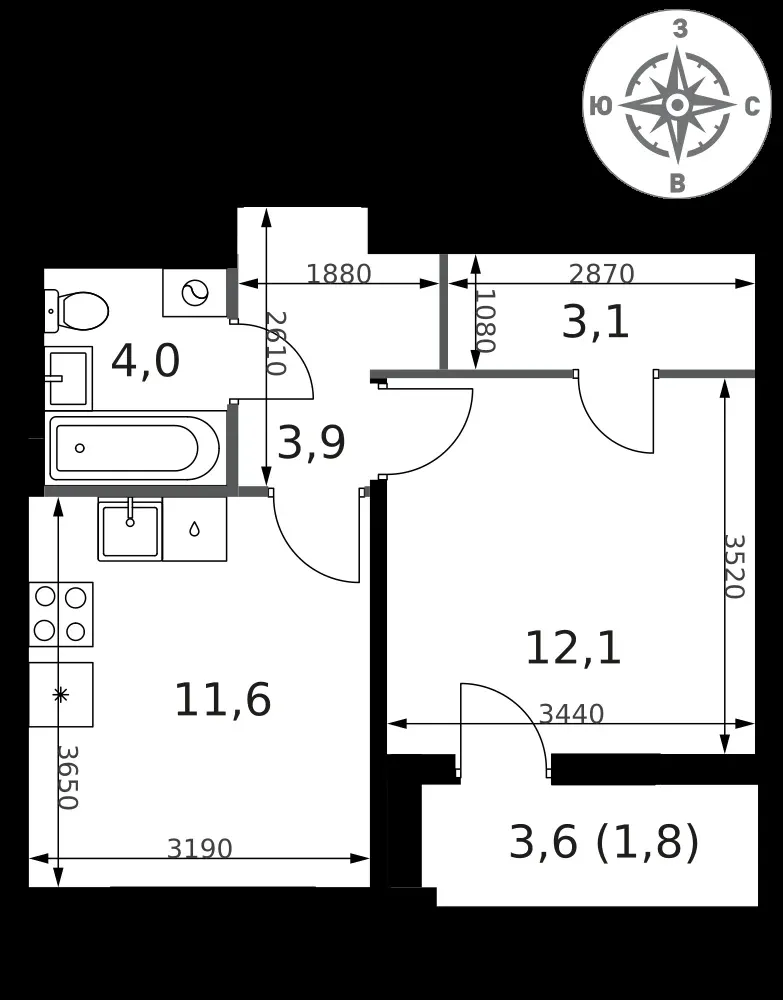 1-комнатная, 36,5 м² — 14 850 500 ₽