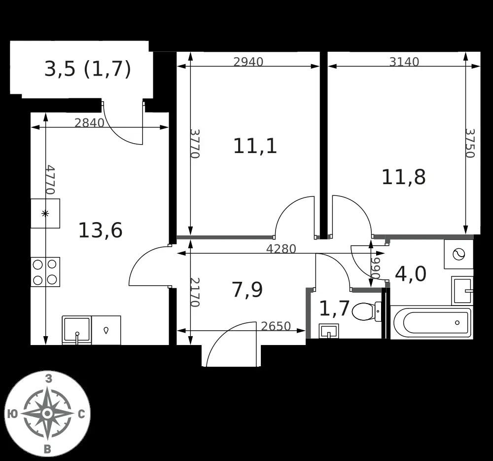 2-комнатная, 51,8 м² — 17 900 837 ₽