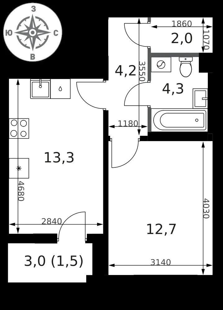 1-комнатная, 38 м² — 16 358 088 ₽