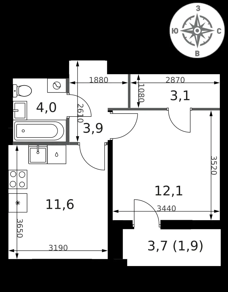 1-комнатная, 36,6 м² — 14 965 301 ₽