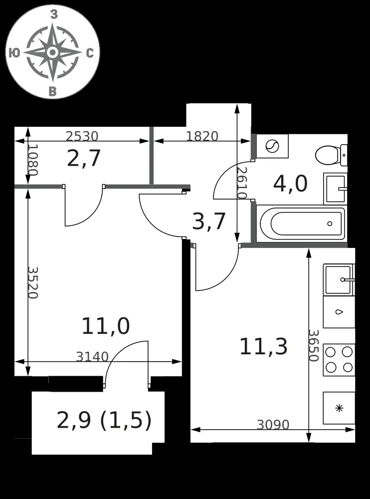 1-комнатная, 34,2 м² — 14 676 520 ₽