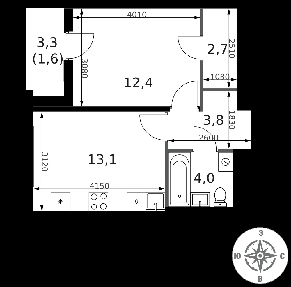 1-комнатная, 37,6 м² — 15 054 401 ₽