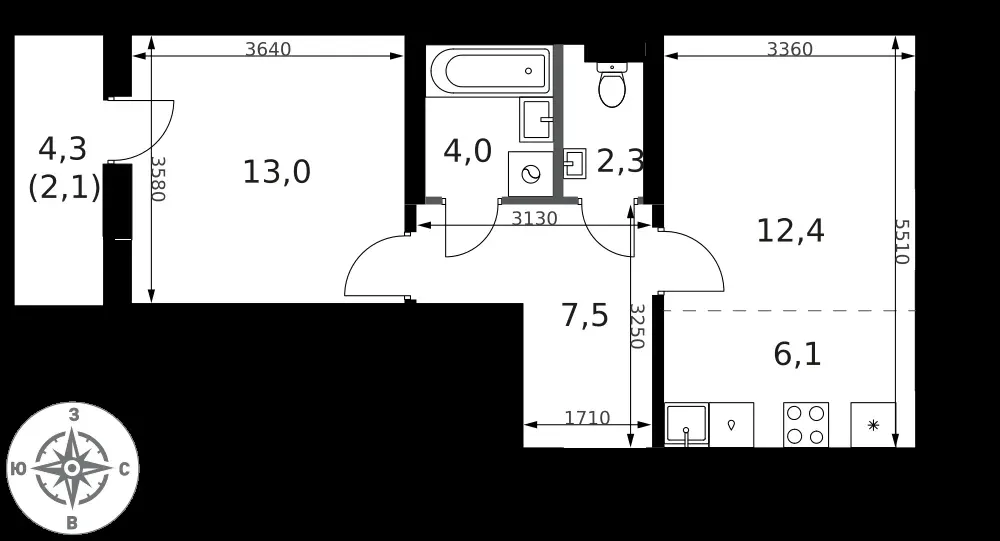 2-комнатная, 47,4 м² — 18 339 250 ₽