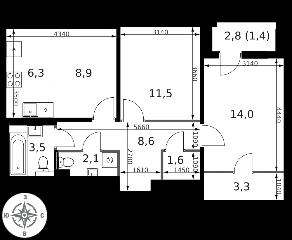 3-комнатная, 61,2 м² — 23 041 424 ₽