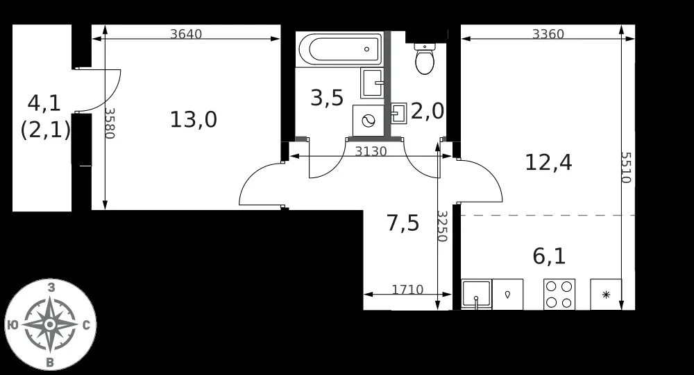2-комнатная, 46,6 м² — 18 668 646 ₽