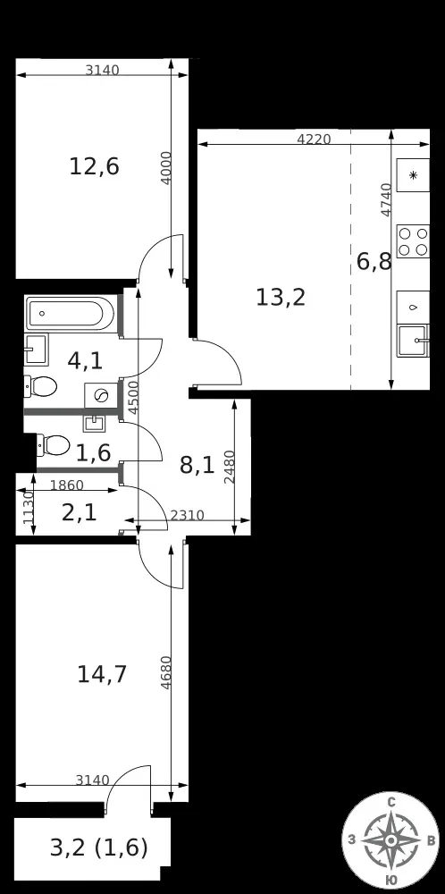 3-комнатная, 64,8 м² — 23 209 805 ₽