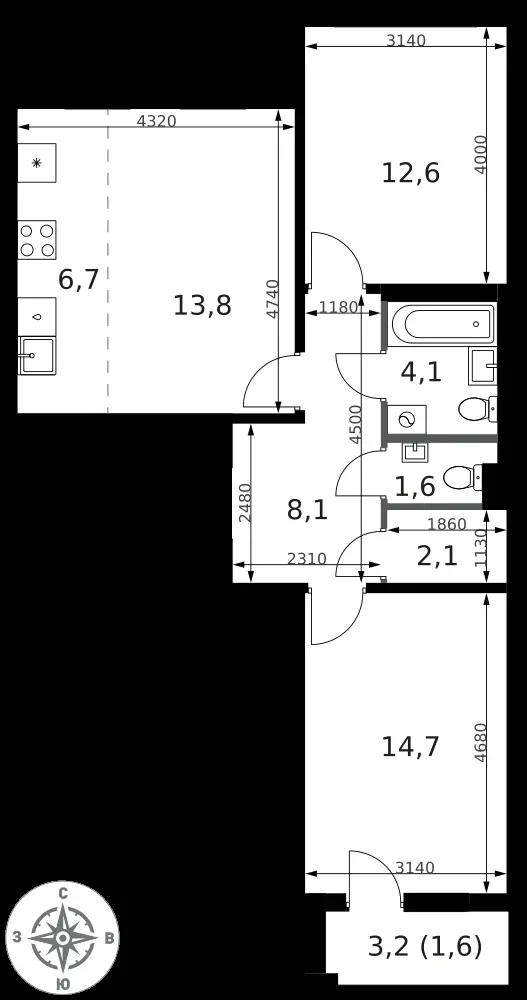 3-комнатная, 65,3 м² — 22 746 341 ₽