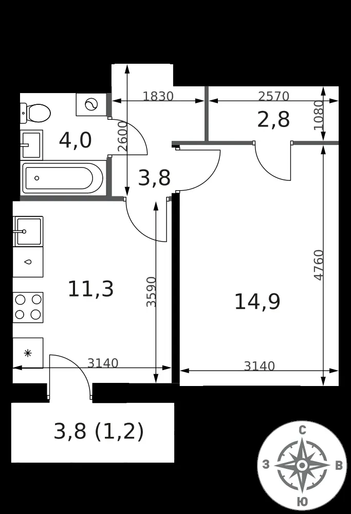 1-комнатная, 38 м² — 14 454 288 ₽