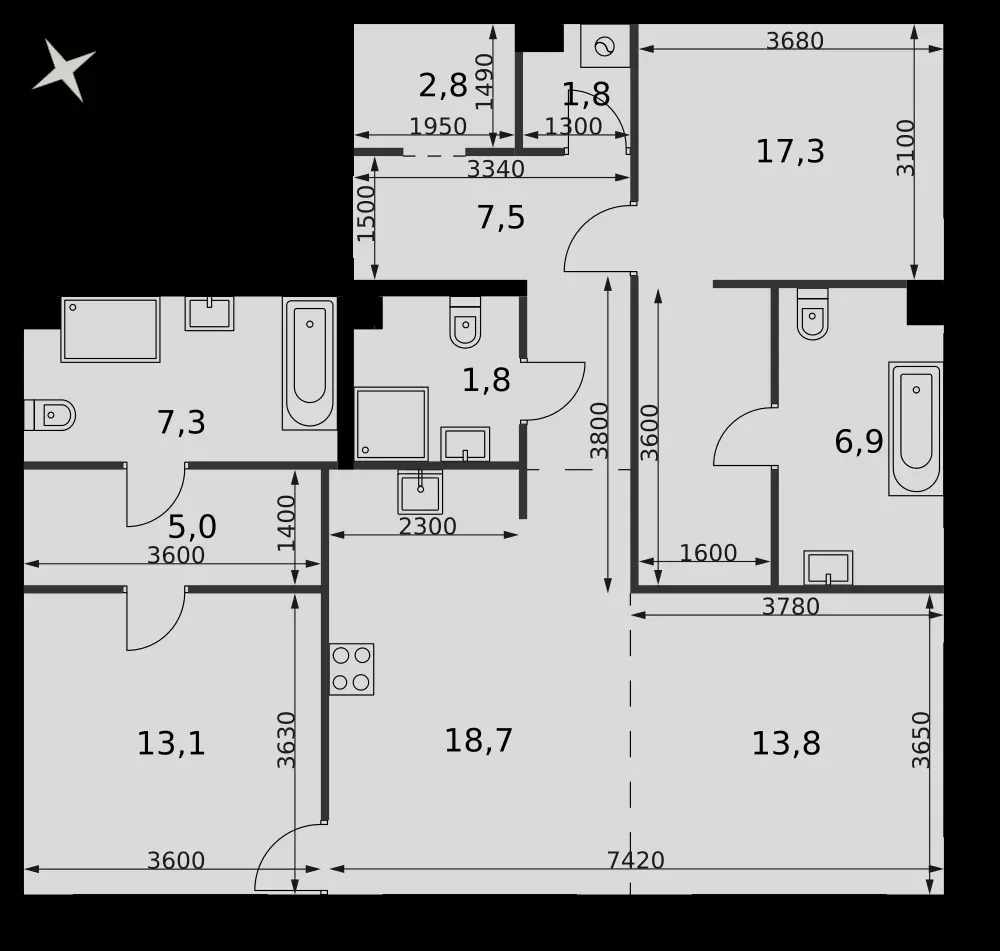 3-комнатная, 96,4 м² — 133 389 162 ₽