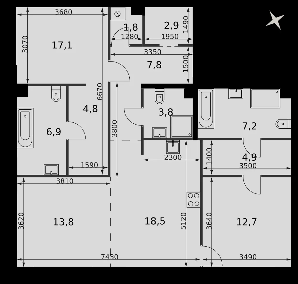 3-комнатная, 97,4 м² — 138 941 100 ₽