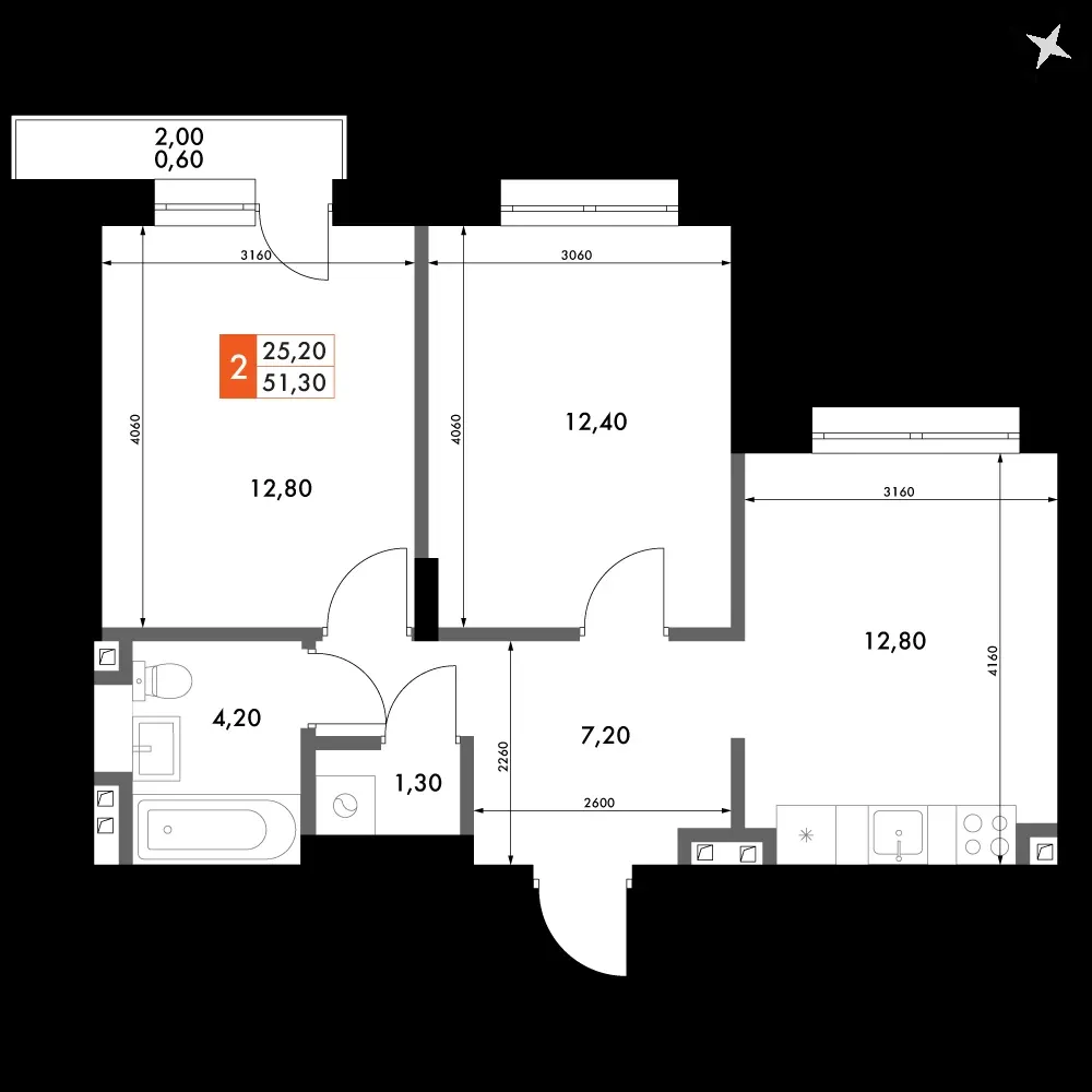 2-комнатная, 51,3 м² — 7 904 858 ₽
