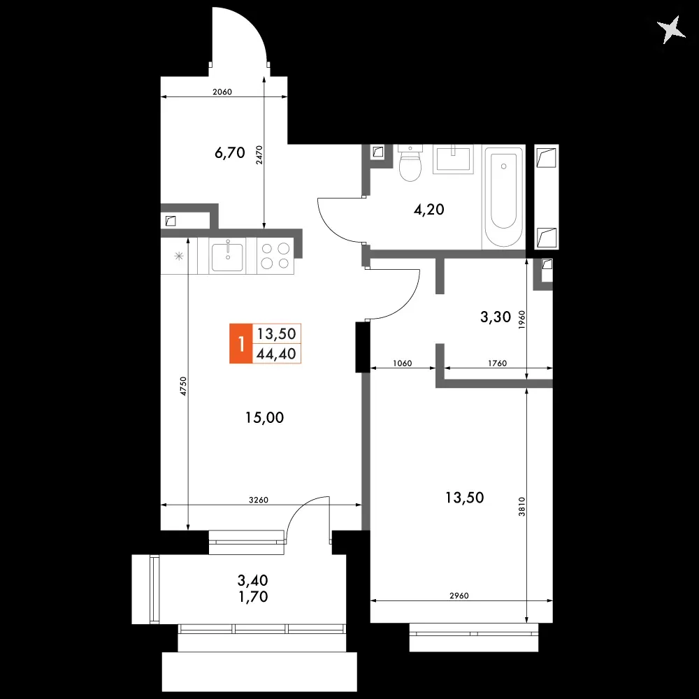 1-комнатная, 44,4 м² — 7 047 026 ₽