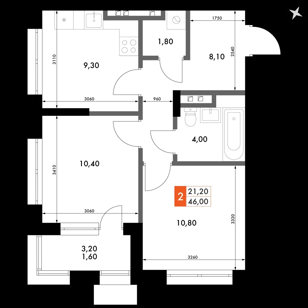 2-комнатная, 46 м² — 7 275 470 ₽