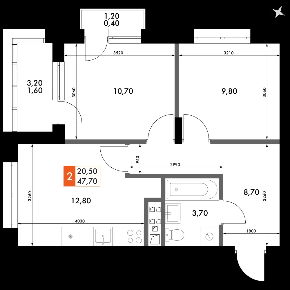 2-комнатная, 47,7 м² — 7 557 225 ₽