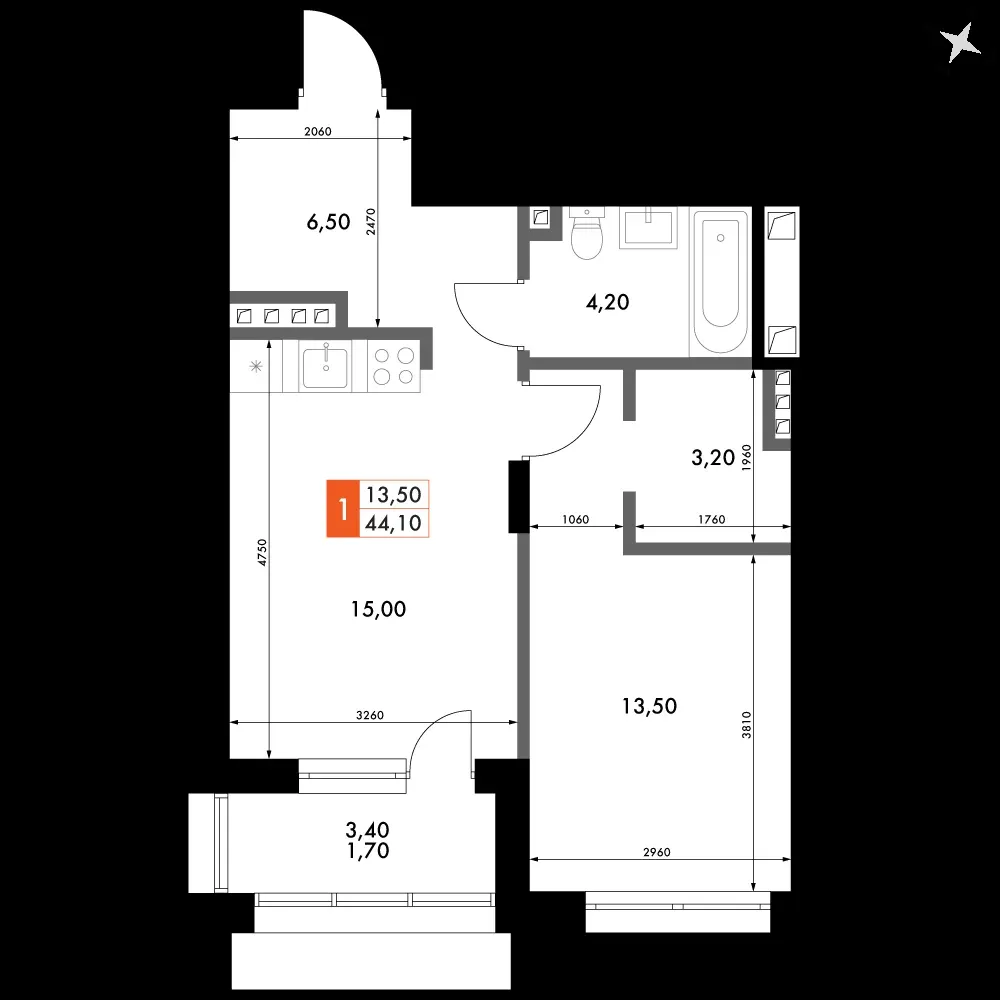 1-комнатная, 44,1 м² — 7 126 419 ₽