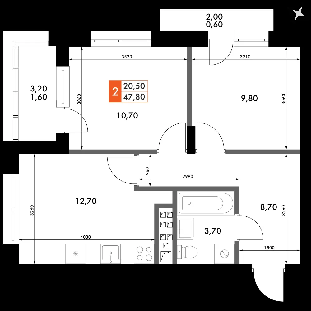 2-комнатная, 47,8 м² — 7 624 693 ₽
