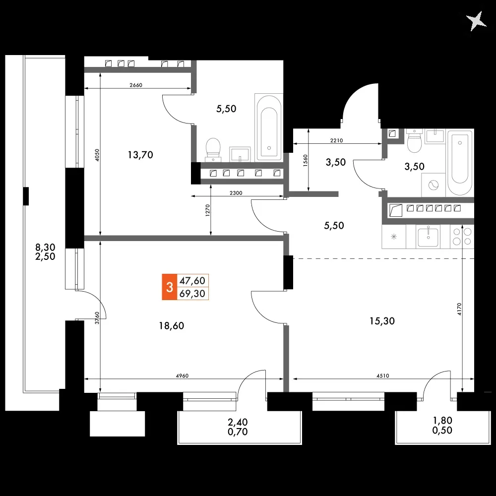 3-комнатная, 69,3 м² — 9 775 999 ₽