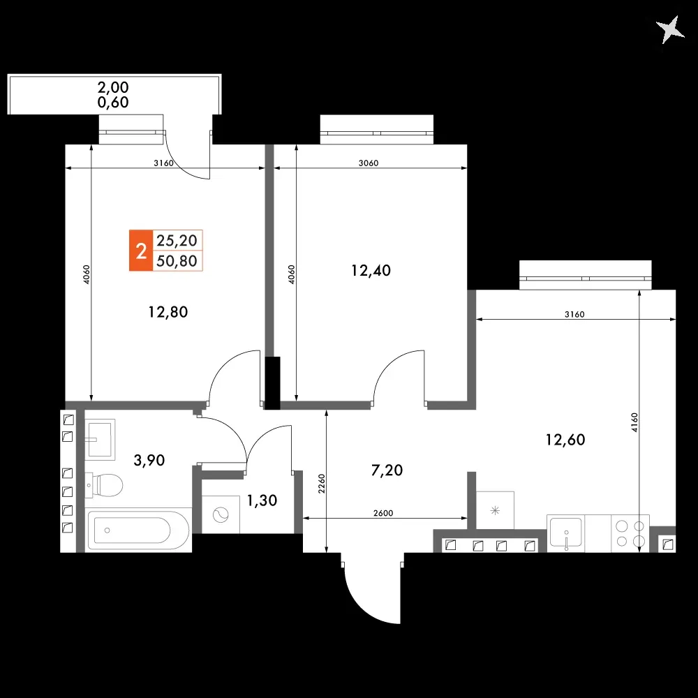 2-комнатная, 50,8 м² — 8 010 693 ₽