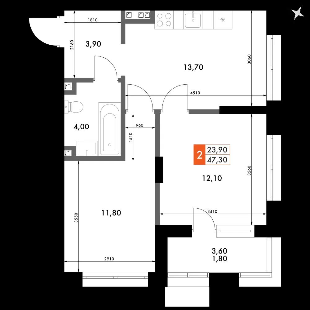 2-комнатная, 47,3 м² — 7 472 568 ₽