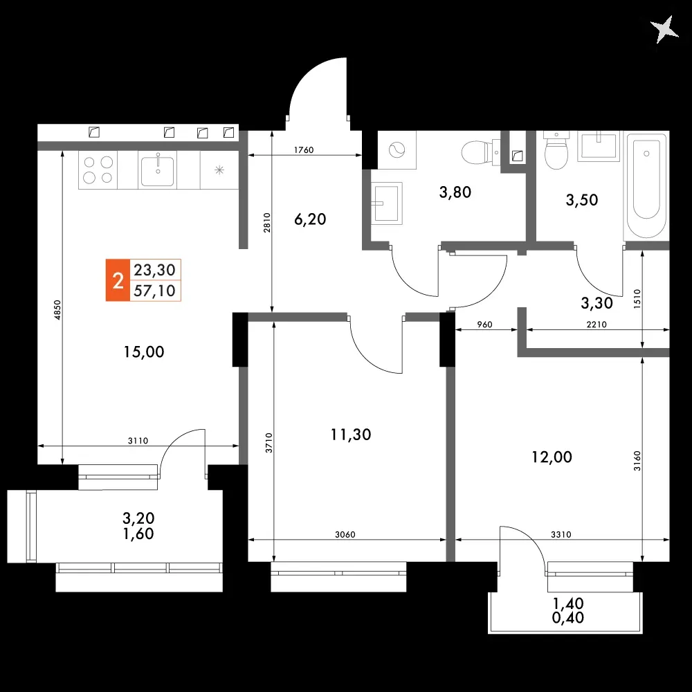 2-комнатная, 57,1 м² — 8 632 492 ₽