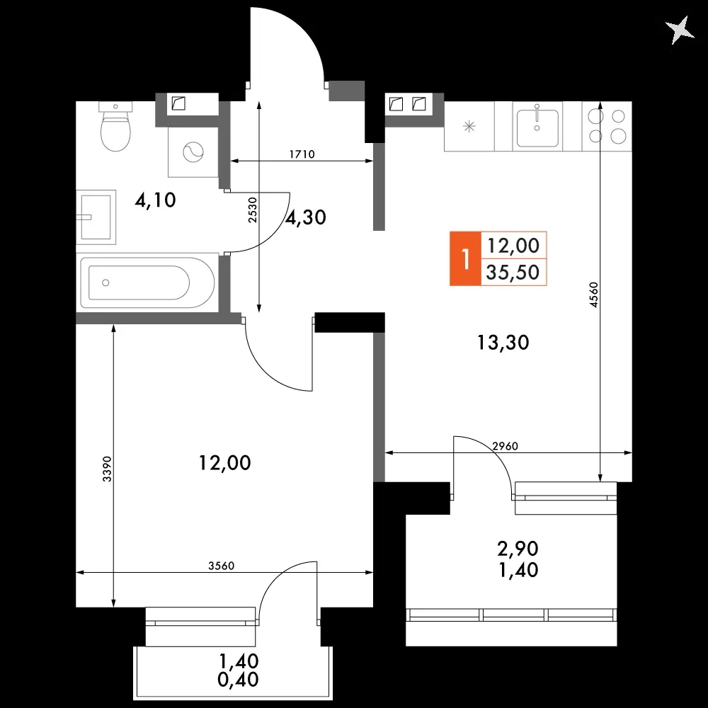 1-комнатная, 35,5 м² — 5 989 219 ₽