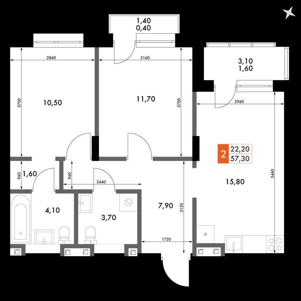 2-комнатная, 57,3 м² — 8 673 043 ₽