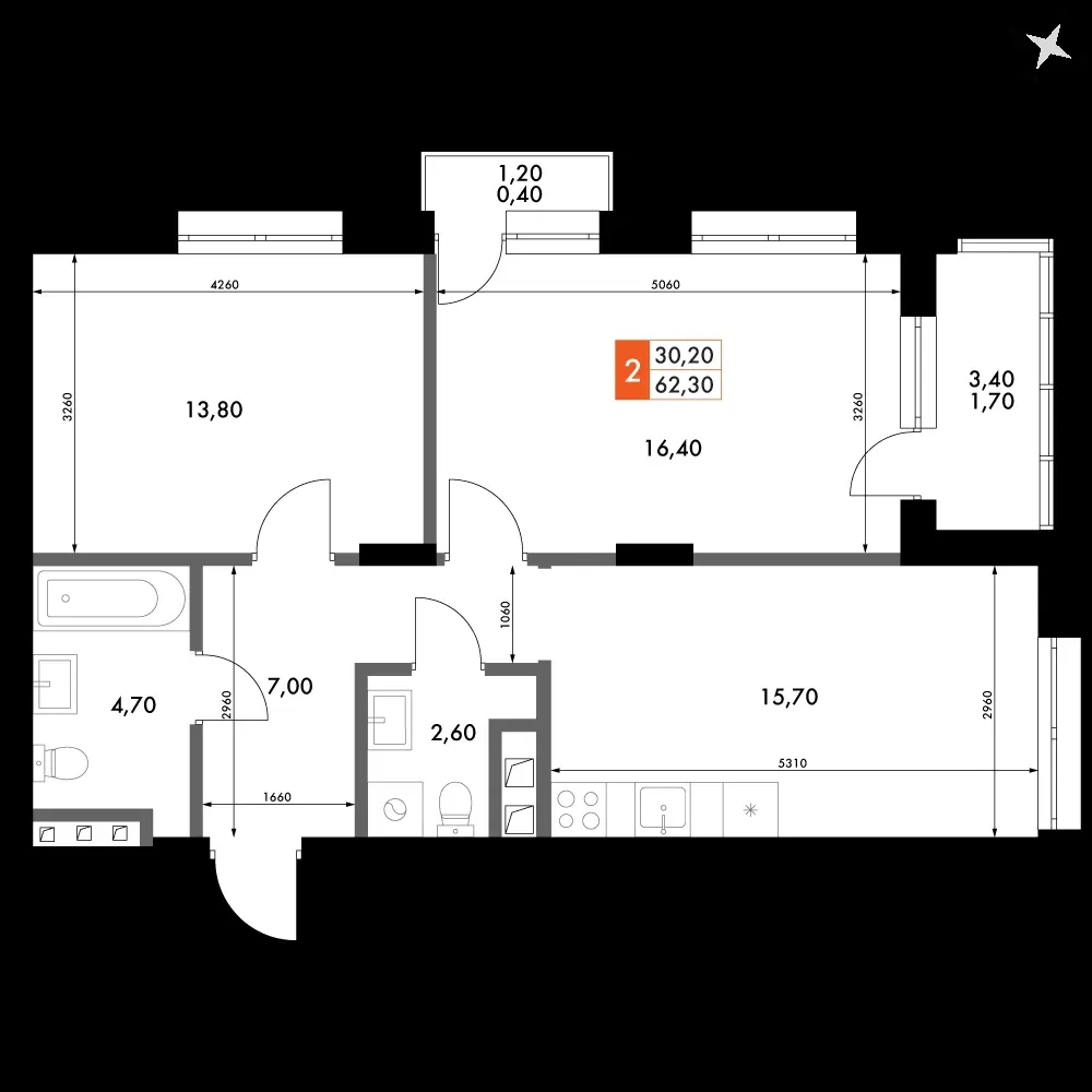 2-комнатная, 62,3 м² — 9 557 916 ₽