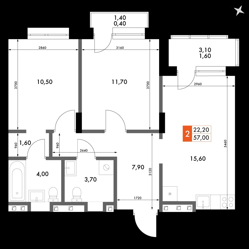 2-комнатная, 57 м² — 8 796 924 ₽