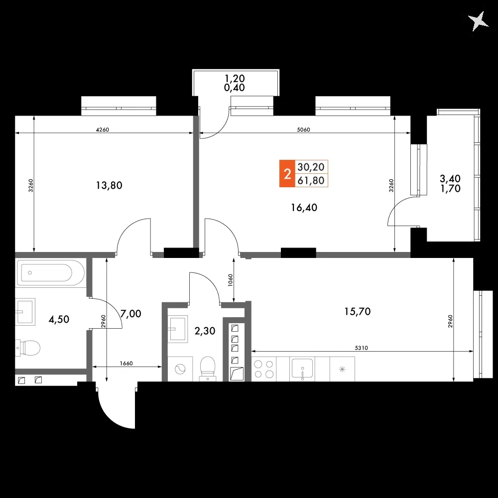 2-комнатная, 61,8 м² — 9 620 258 ₽