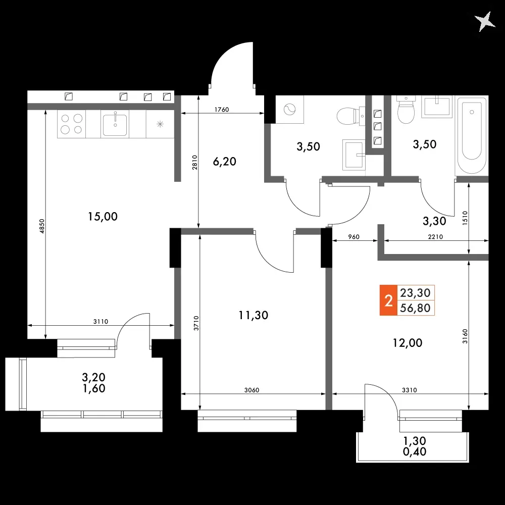 2-комнатная, 56,8 м² — 8 750 722 ₽