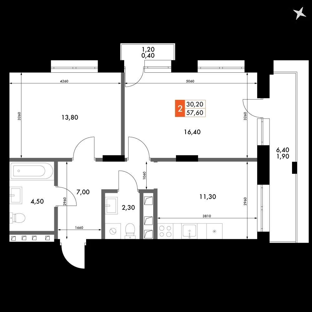 2-комнатная, 57,6 м² — 8 734 003 ₽