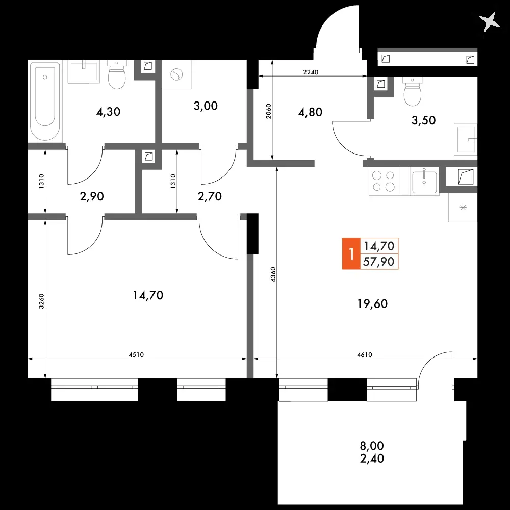 1-комнатная, 57,9 м² — 8 648 384 ₽