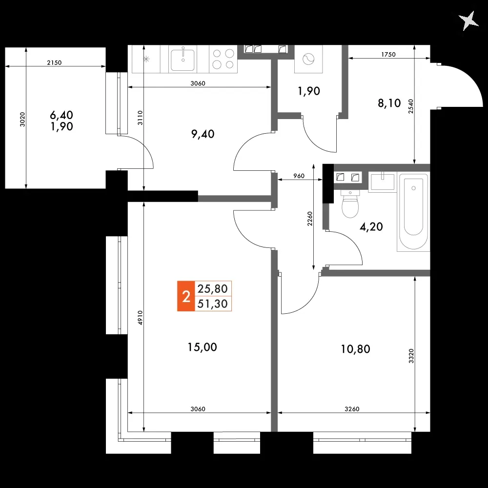 2-комнатная, 51,3 м² — 7 849 454 ₽