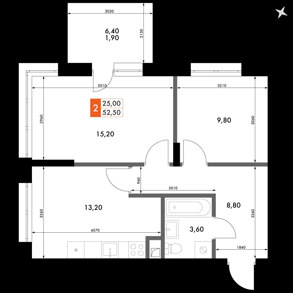 2-комнатная, 52,5 м² — 8 042 517 ₽