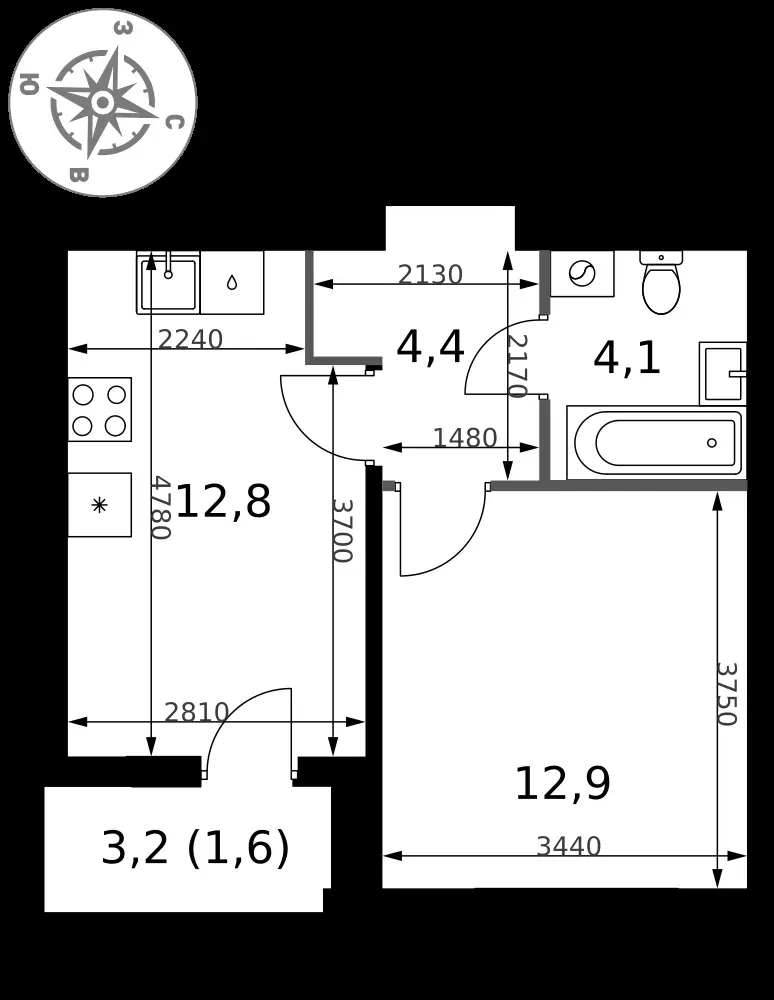 1-комнатная, 35,8 м² — 14 465 348 ₽