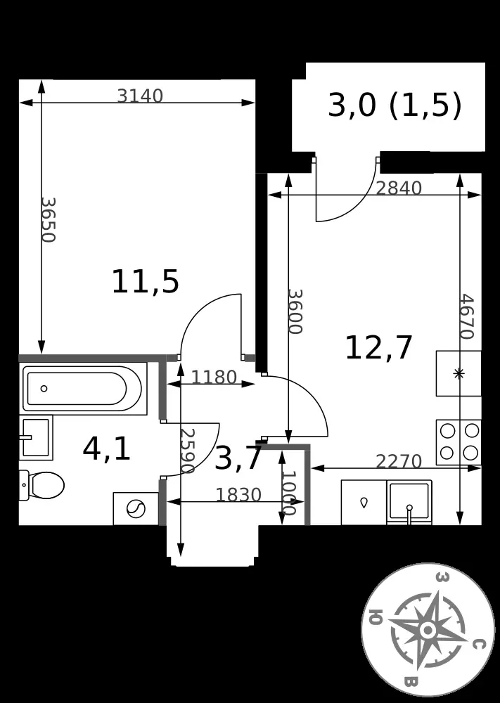 1-комнатная, 33,5 м² — 14 060 754 ₽