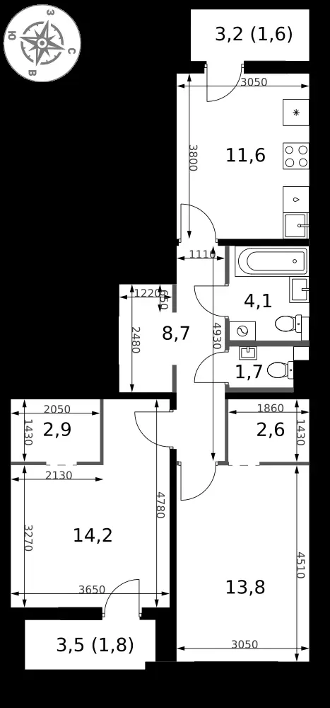 2-комнатная, 63 м² — 20 101 095 ₽
