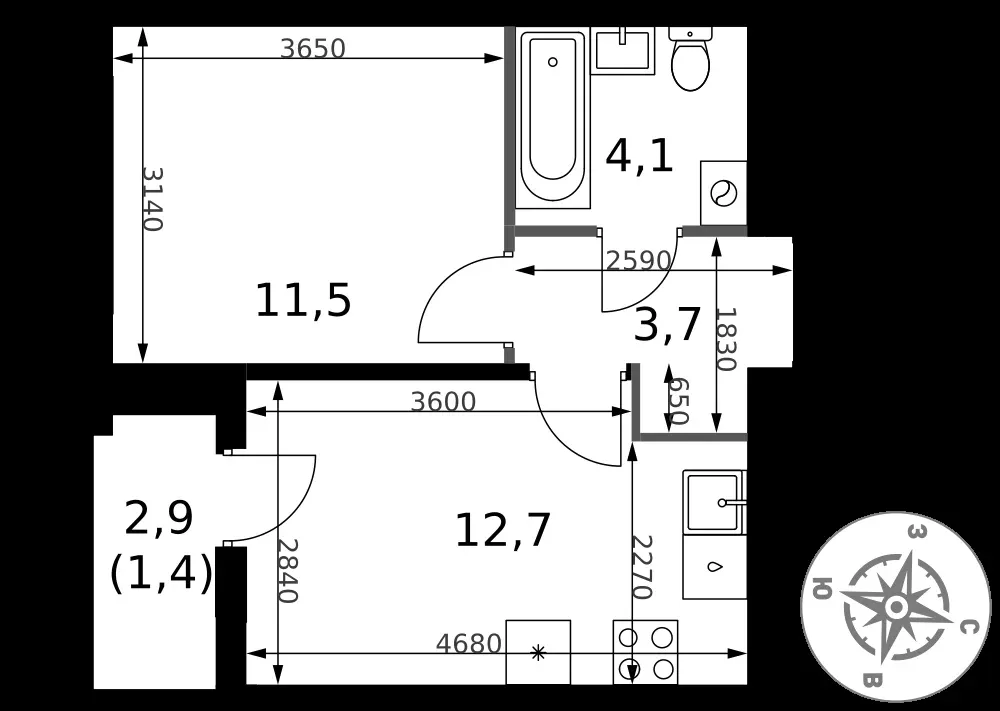 1-комнатная, 33,4 м² — 14 078 234 ₽
