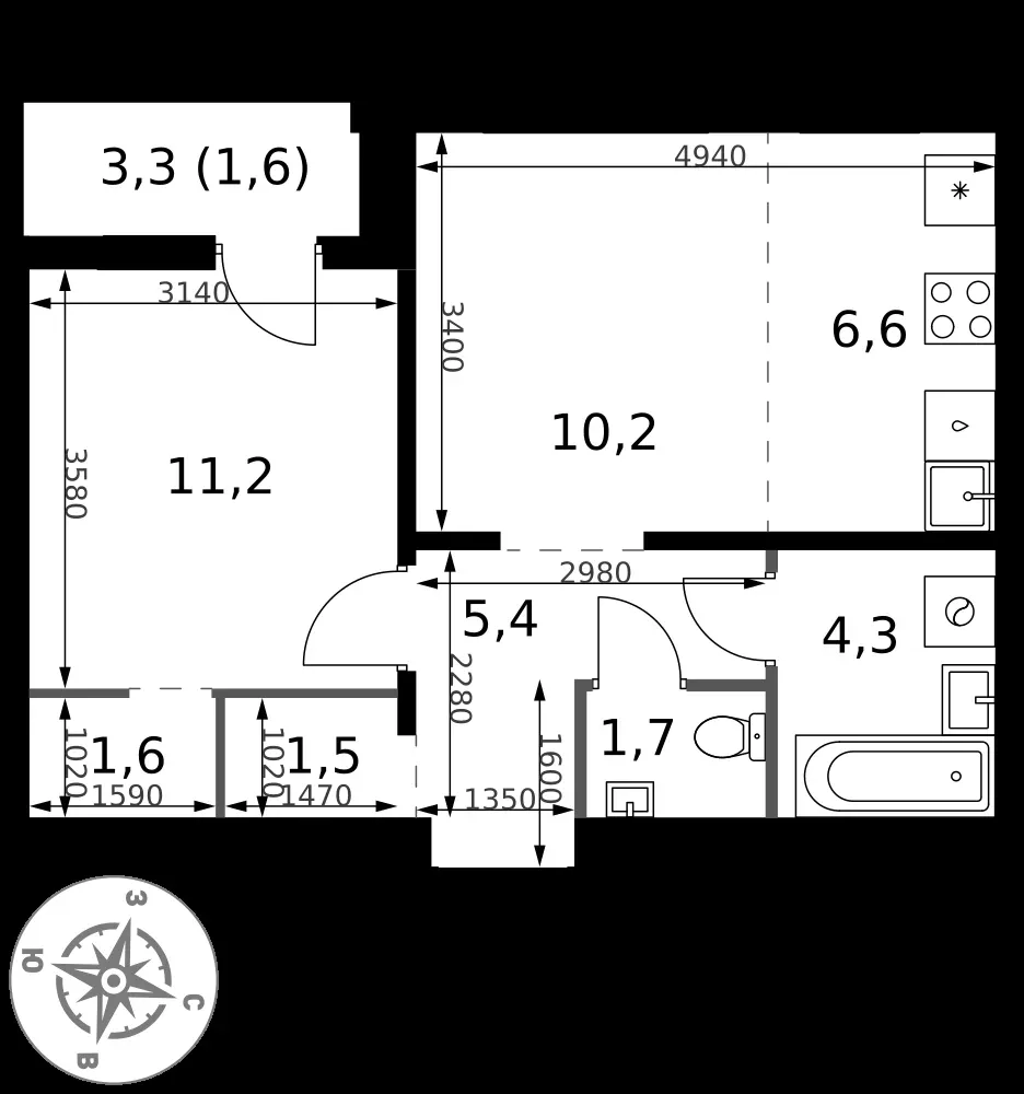 2-комнатная, 44,1 м² — 16 519 904 ₽
