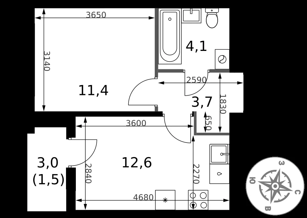 1-комнатная, 33,3 м² — 14 362 090 ₽