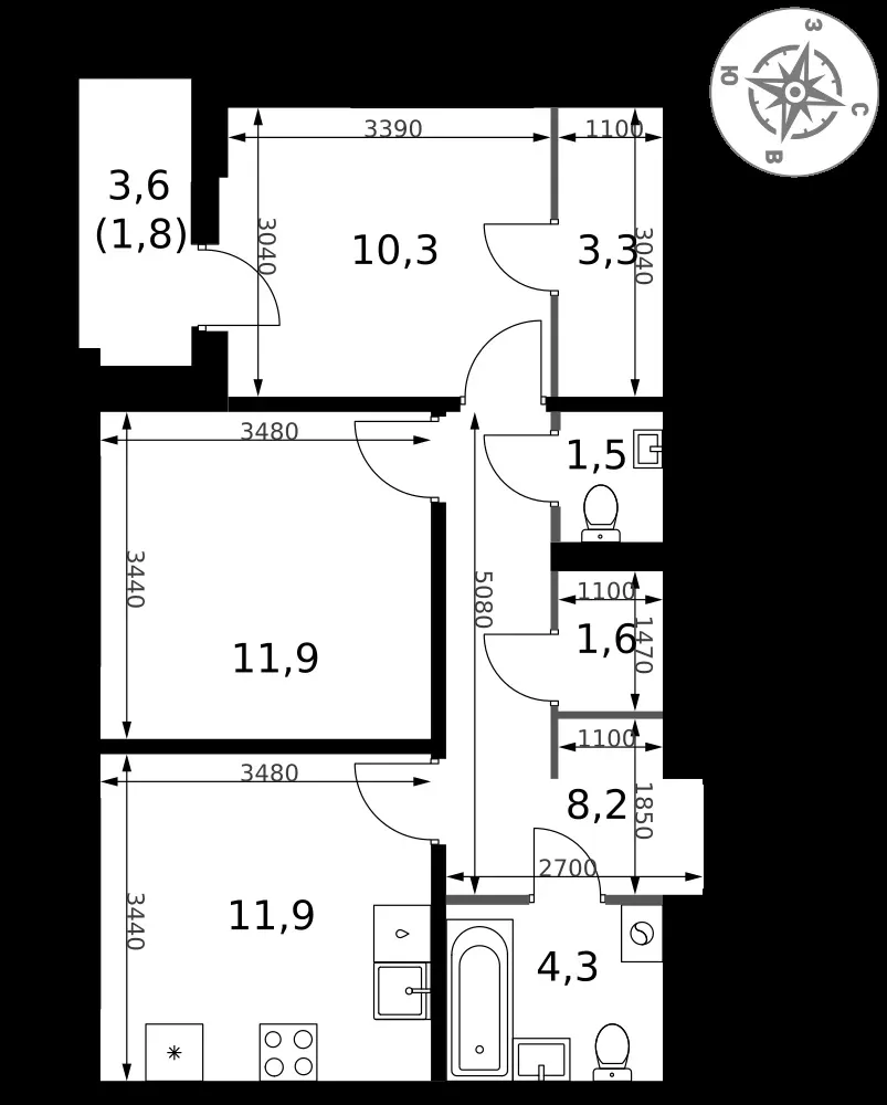 2-комнатная, 54,8 м² — 19 830 092 ₽