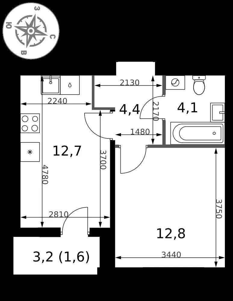 1-комнатная, 35,6 м² — 14 606 324 ₽