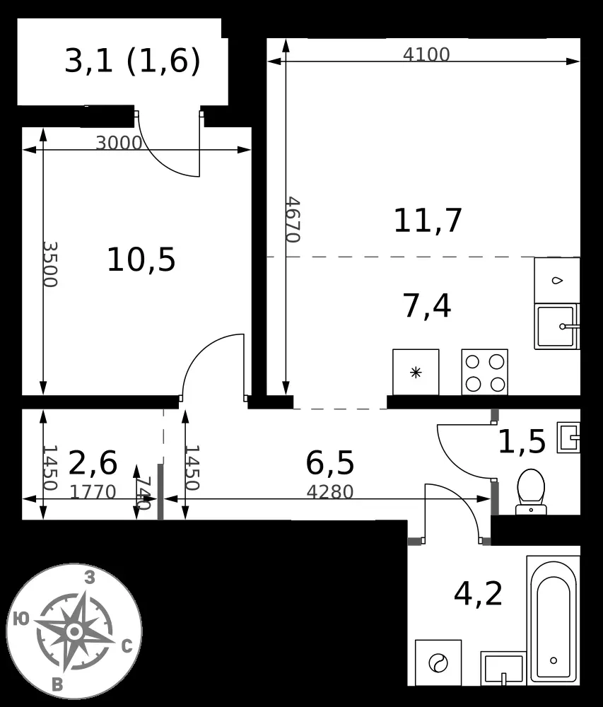 2-комнатная, 46 м² — 17 441 406 ₽