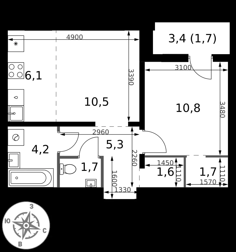 2-комнатная, 43,6 м² — 17 342 380 ₽