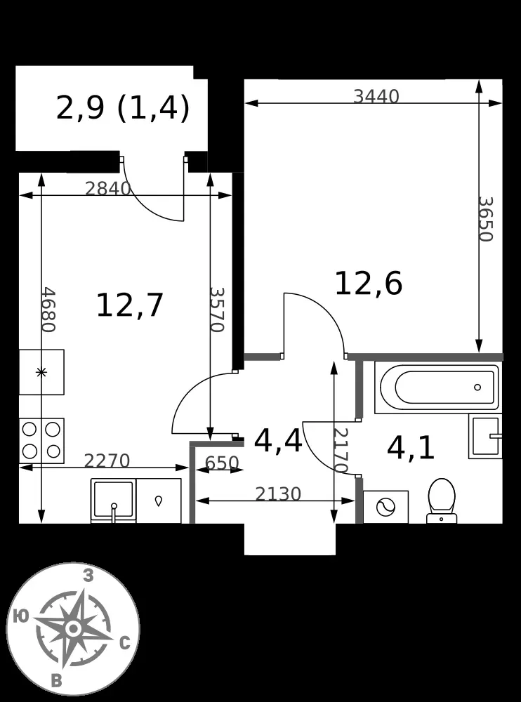 1-комнатная, 35,2 м² — 14 147 725 ₽