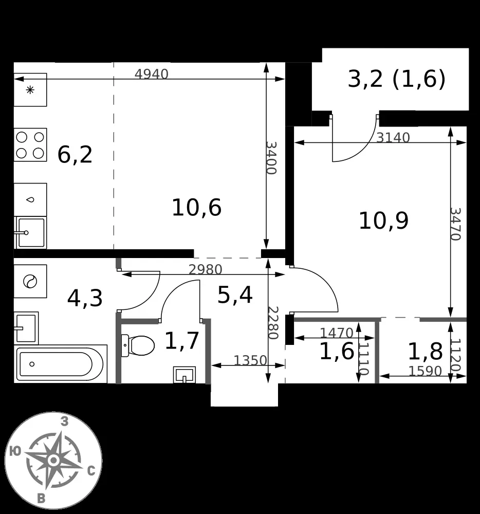 2-комнатная, 44,1 м² — 17 664 299 ₽